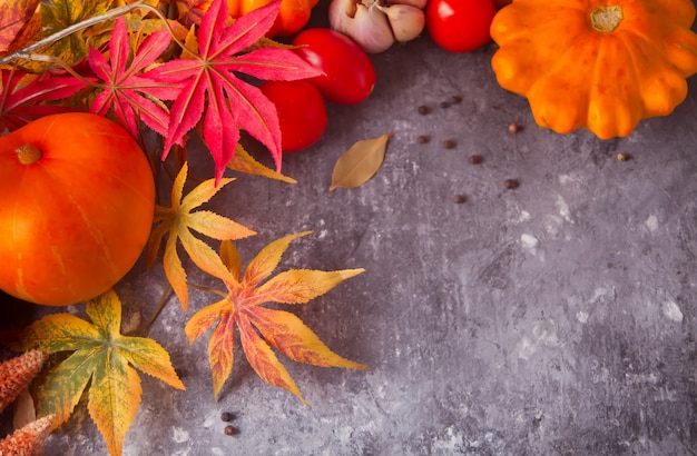 Autumn leaves with pumpkins and tomatoes on the concrete background