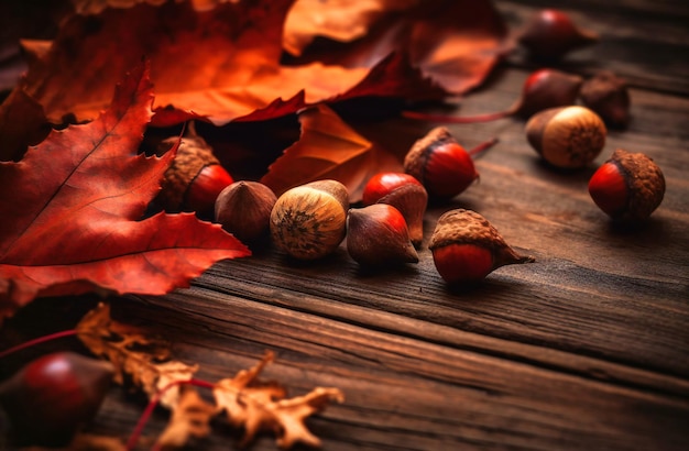 Foto foglie di autunno su uno sfondo di legno con gusci di ghiande