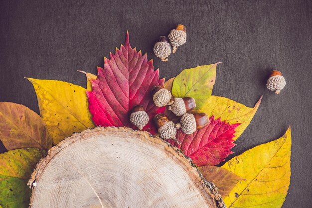 Autumn leaves over wooden background with copy space