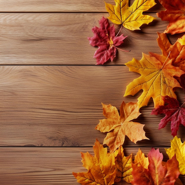 autumn leaves on wooden background with space