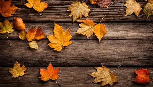 Photo autumn leaves on a wooden background with a yellow leaf on the right