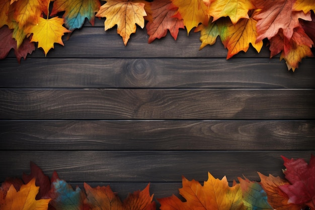 autumn leaves on a wooden background.