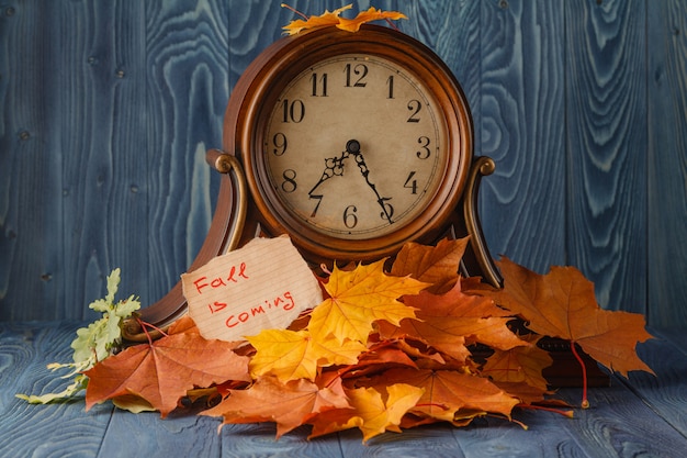 Autumn leaves over wooden background