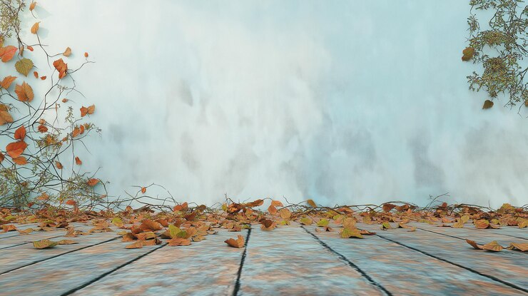 Autumn leaves on wooden deck perfect for seasonal prints or backgrounds