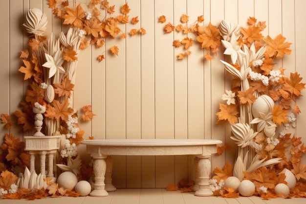 Autumn leaves wooden podiums and decorative elements arranged on a beige background create a capti