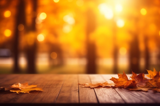 Autumn leaves on a wooden table in front of a forest