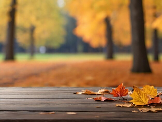 autumn leaves on a wooden table in the park with blur background