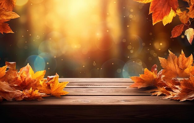 autumn leaves on a wooden table in the style of lightfilled landscapes