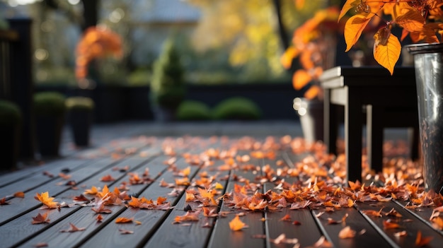 Autumn leaves on the wooden terrace in the park Selective focus