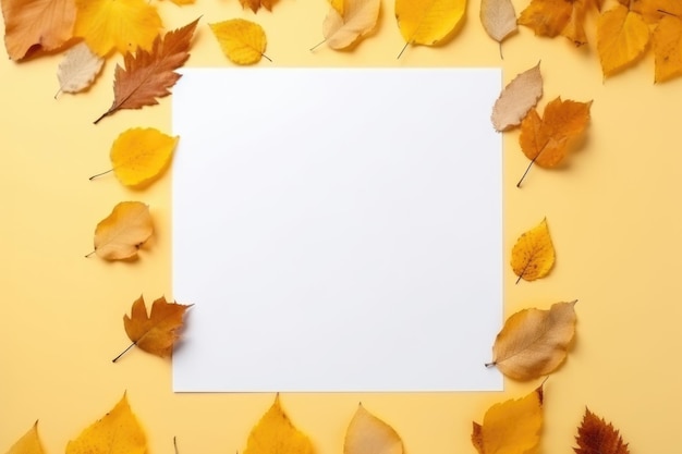 Foto autunno lascia su un tavolo giallo un foglio bianco di carta con un posto per il testo