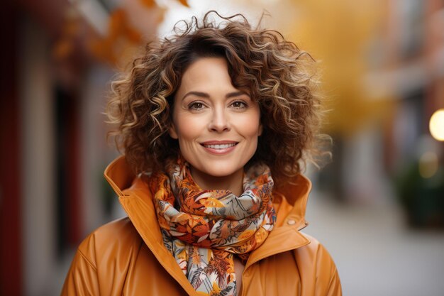 Осенний образ жизни женская мода позитивная улыбающаяся стильная женщина средних лет в пальто и шарфе на открытом воздухе смотрит в камеру