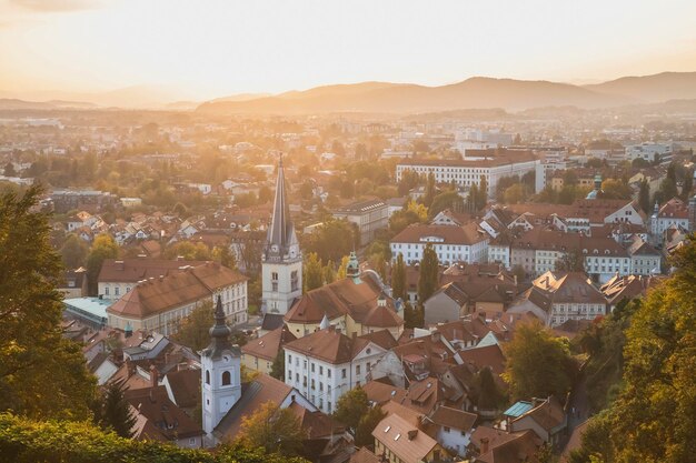 Autumn Ljubljana at sunset. Photo from a height.