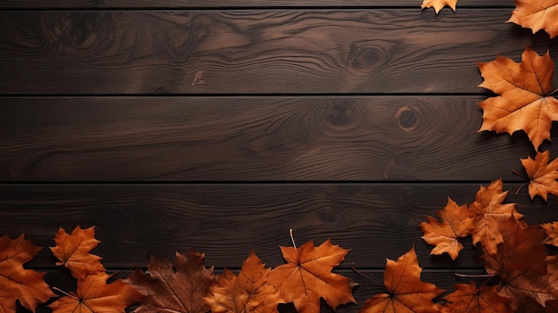 Autumn maple leaf falling on wood copy space background