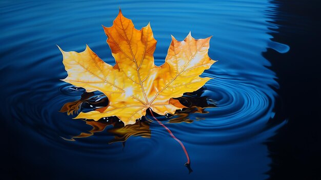 Autumn maple leaf on water surface with ripples copy space