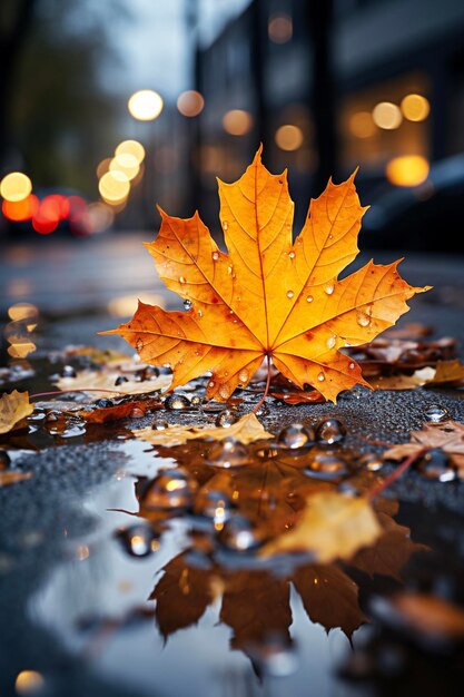 Autumn maple leaf on wet city street with bokeh lights