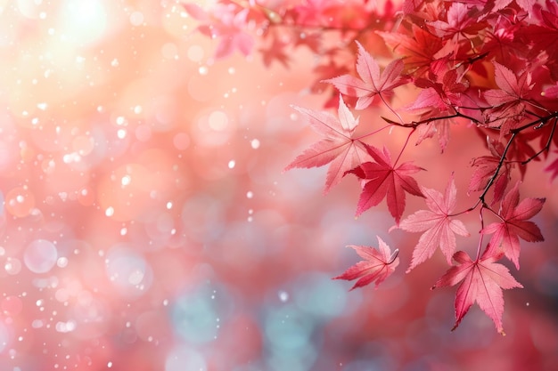 Autumn maple leaves gently falling with a soft bokeh effect in the background evoking a dreamy fall
