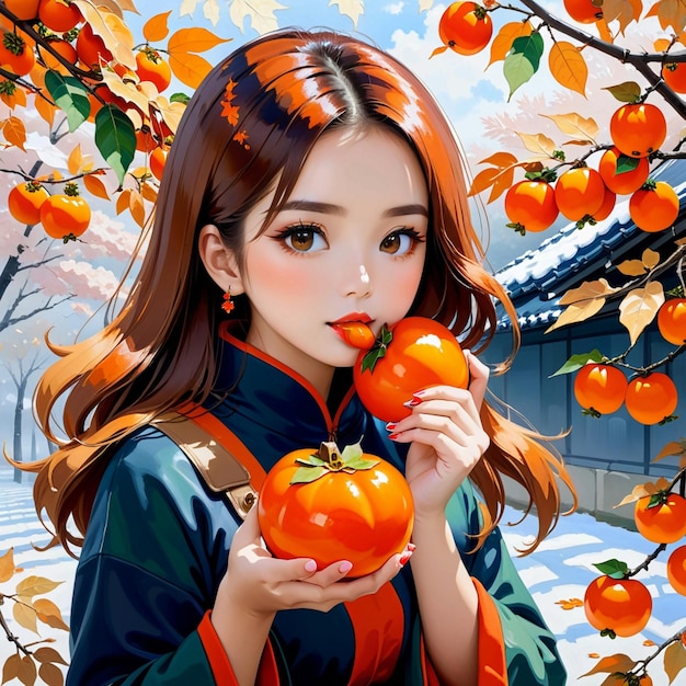 Photo autumn maple leaves girl eating persimmons trending on pixiv fanbox acrylic painting palette kn