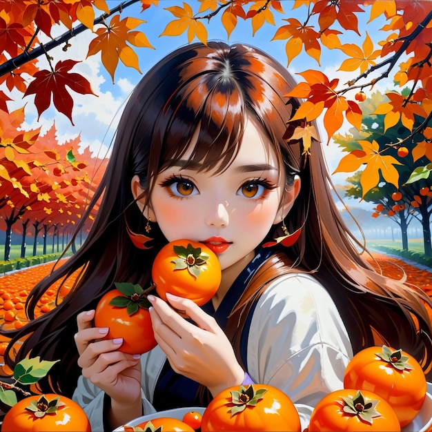 Autumn maple leaves girl eating persimmons trending on pixiv fanbox acrylic painting palette kn