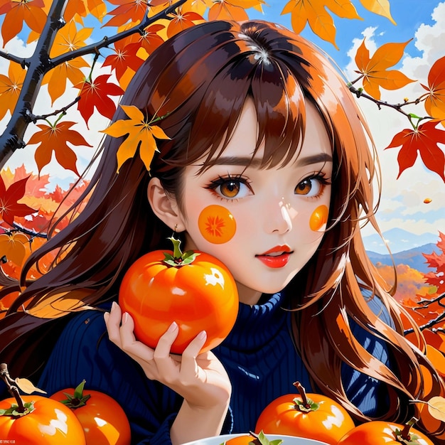 Autumn maple leaves girl eating persimmons trending on pixiv fanbox acrylic painting palette kn