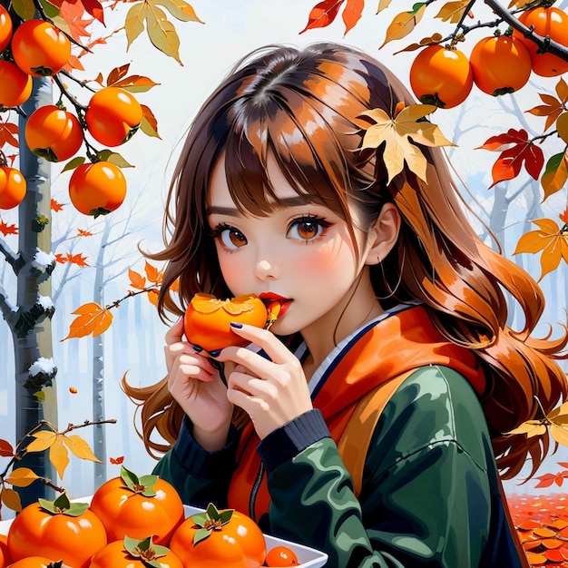 Autumn maple leaves girl eating persimmons trending on pixiv fanbox acrylic painting palette kn