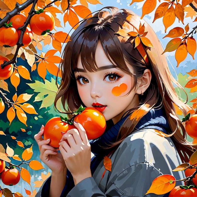 Autumn maple leaves girl eating persimmons trending on pixiv fanbox acrylic painting