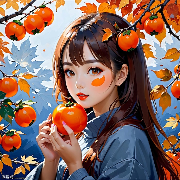 Autumn maple leaves girl eating persimmons trending on pixiv fanbox acrylic painting