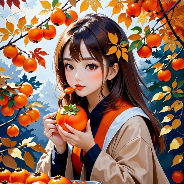 Autumn maple leaves girl eating persimmons trending on pixiv fanbox acrylic painting