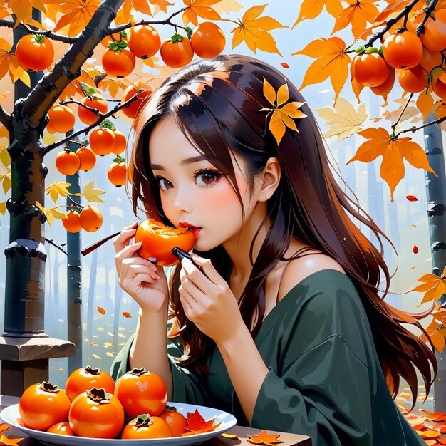 Photo autumn maple leaves girl eating persimmons trending on pixiv fanbox acrylic painting