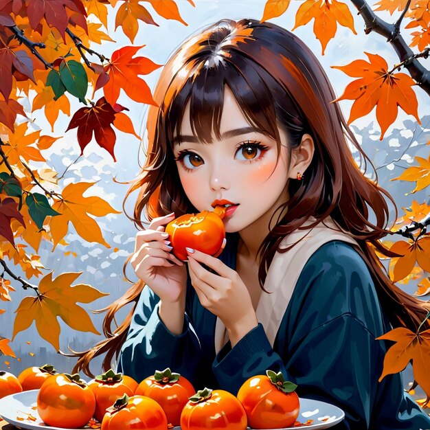 Autumn maple leaves girl eating persimmons trending on pixiv fanbox acrylic painting