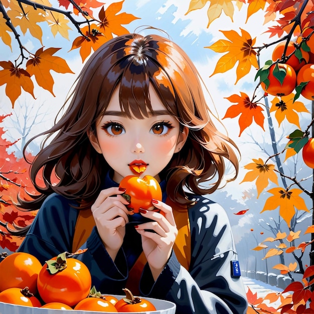 Autumn maple leaves girl eating persimmons trending on pixiv fanbox acrylic painting