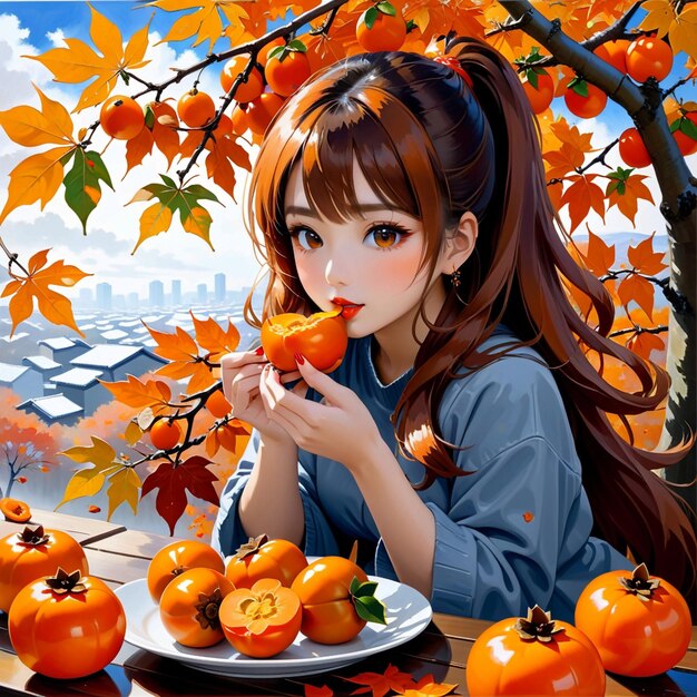 Autumn maple leaves girl eating persimmons trending on pixiv fanbox acrylic painting