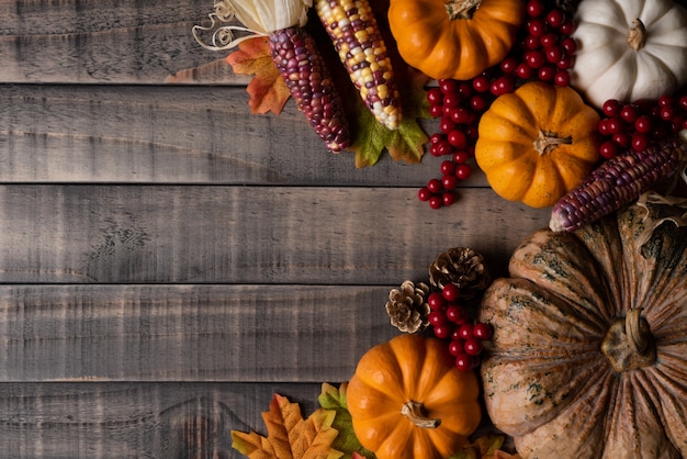 Foglie di acero autunno con zucca, mais e bacche rosse