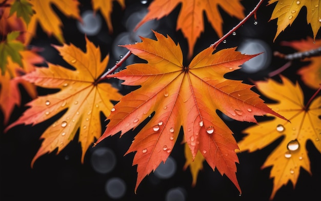 Autumn maple leaves with water drops on dark background Selective focus Autumn background