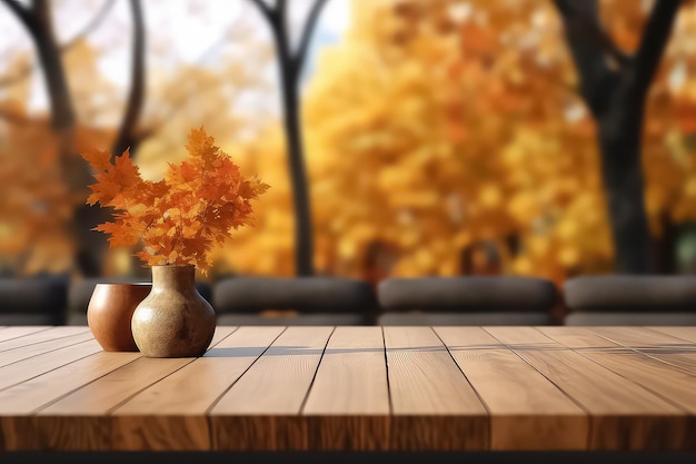 Autumn maple leaves on a wooden table AI