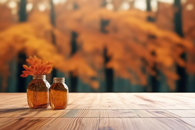 Autumn maple leaves on a wooden table AI