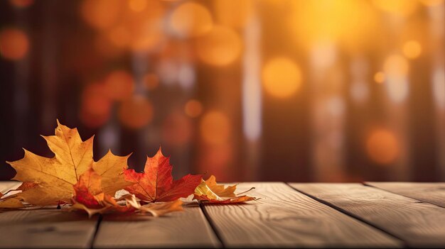 Autumn maple leaves on wooden table for fall blurred background Generative Ai