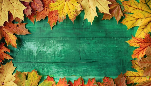 Autumn maple tree leaves arrangement leaving copy space on green grunge wooden background