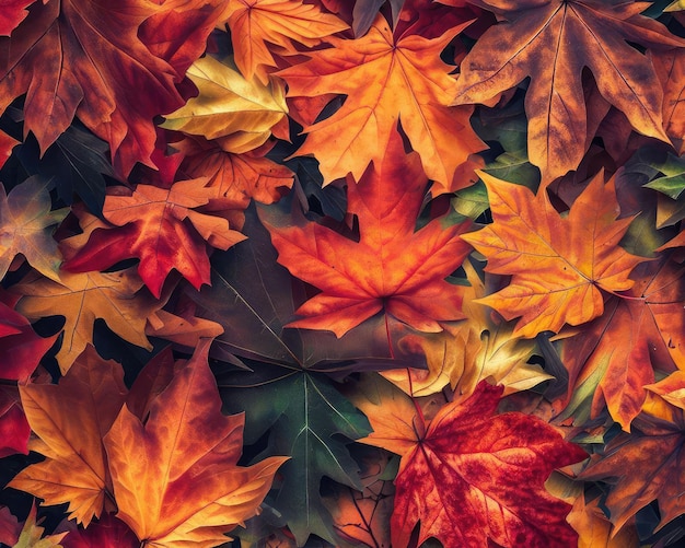 秋のカエデの葉、色とりどりの葉がたくさんあるフルフレームの配置