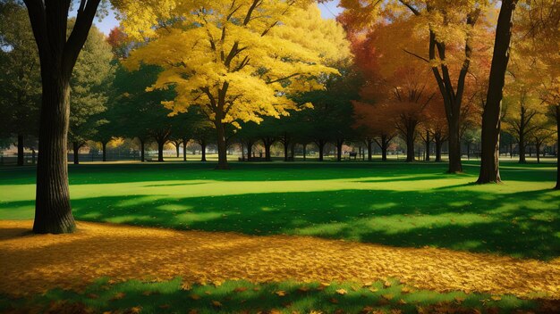 Autumn meadow in the city park autumn warm shadow green yellow red leaves