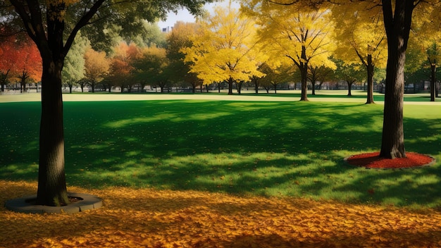 Autumn meadow in the city park autumn warm shadow green yellow red leaves