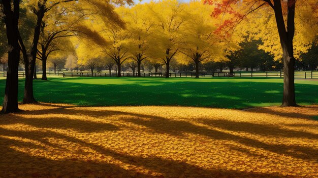 Autumn meadow in the city park autumn warm shadow green yellow red leaves