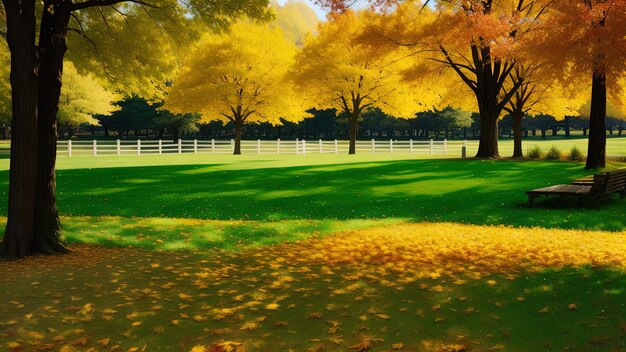 秋の草原は街の公園で 暖かい秋の影 緑の黄色い赤い葉