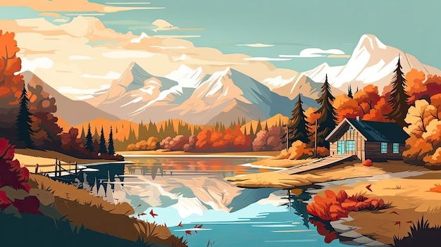 autumn minimal flat background with mountains hills lake and rocks