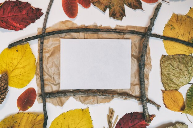 Autumn mockup with yellow, red leaves. fir cones and a white sheet of paper for the inscription