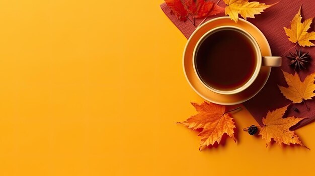 Autumn mood concept top view photo of cup of tea with lemon slice