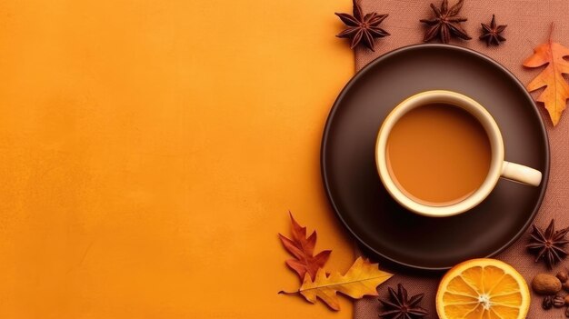 Autumn mood concept top view photo of cup of tea with lemon slice