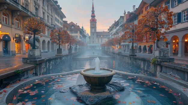 Autumn Morning on Kramgasse Street with Historic Fountain