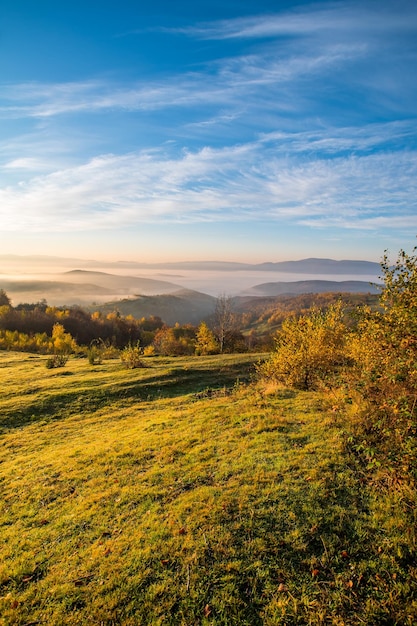 Autumn morning in the mountains in the fog with a beautiful field and sky Nature's landscape