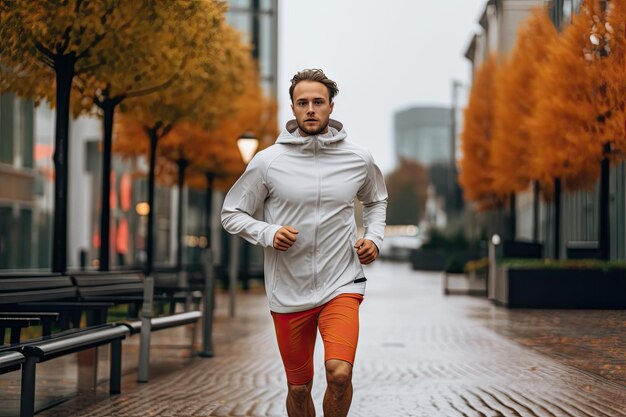 Autumn morning run in city man in white hoodie