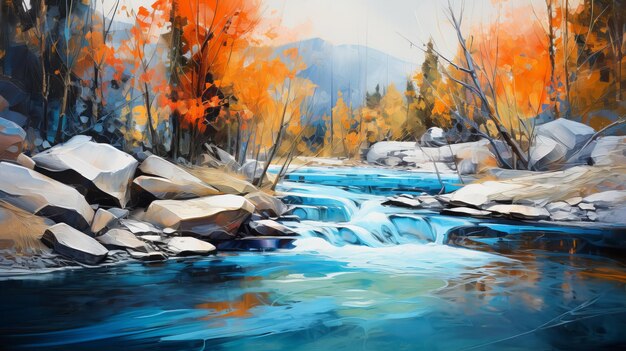 Autumn Mountain Forest River Abstract Painting In Brent Heighton Style
